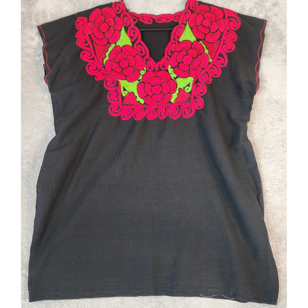 Womens Shirt Large Black‎ Red Green Mexican Floral Embroidered Boho Folk Art Top